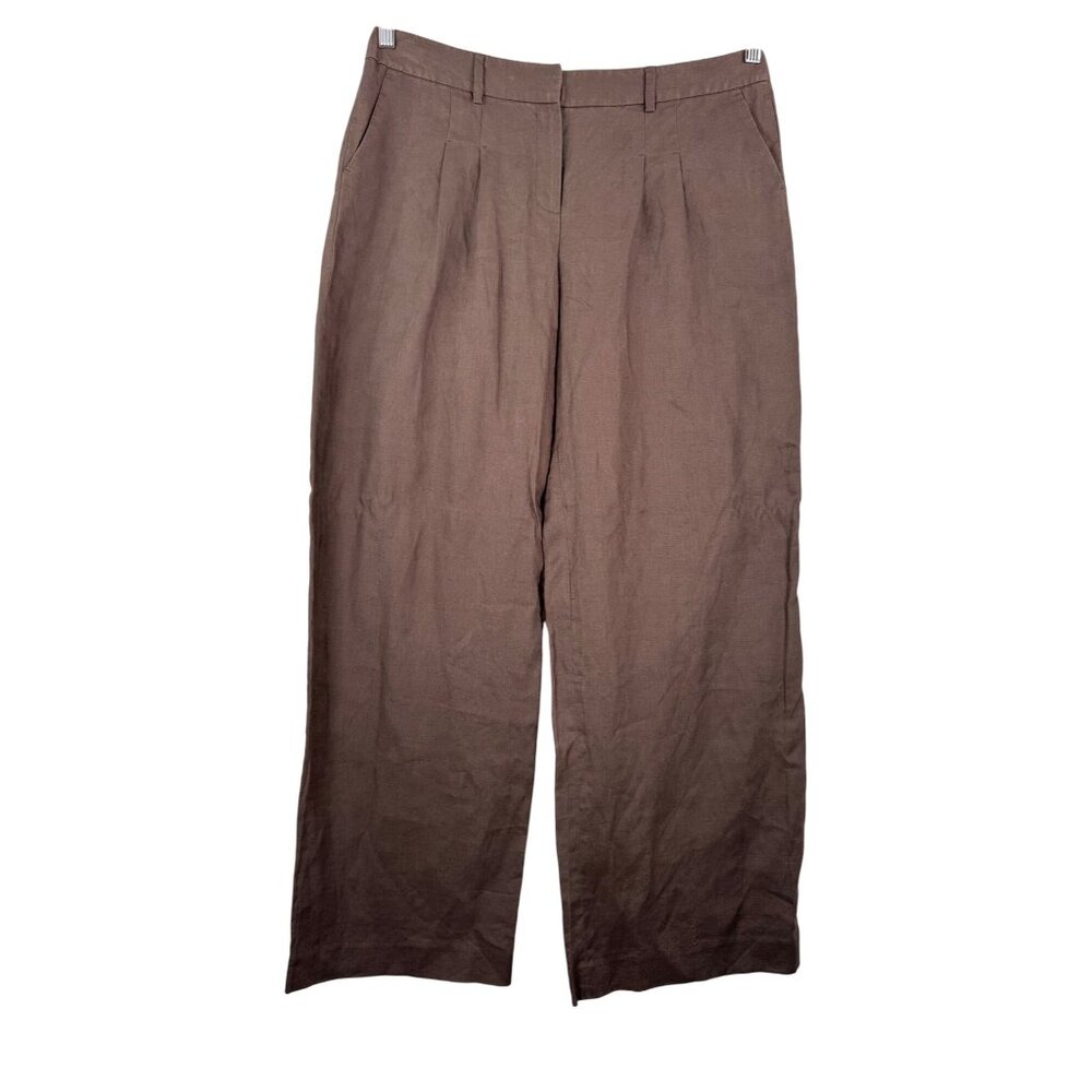 Tahari 100% linen‎ wide leg trouser pants brown beach money sz L